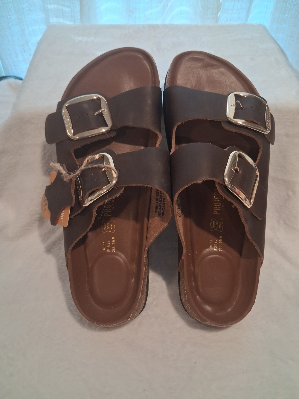 Classic Double-Buckle Slide Sandals in Brown